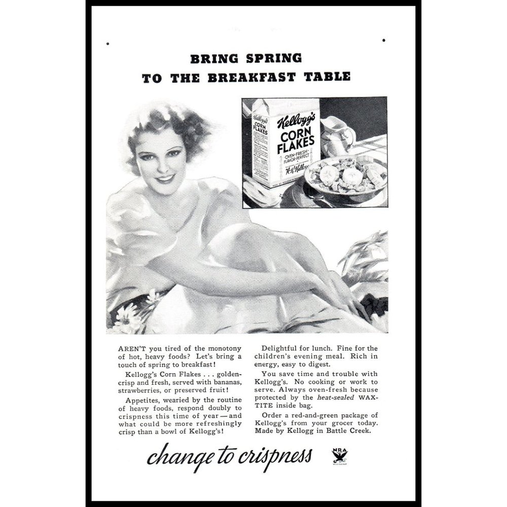 1934 Kellogg's Corn Flakes Cereal Vintage Print Ad Woman Mom Springtime Wall Art